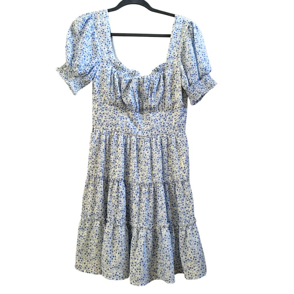 Trixxi Blue Floral Smocked Tiered Puff Sleeve Mini Dress L